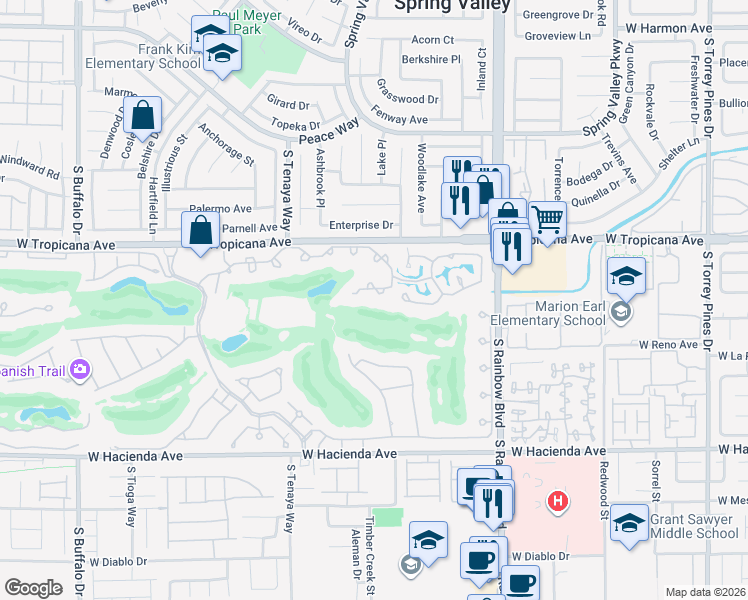 map of restaurants, bars, coffee shops, grocery stores, and more near 7151 Mission Hills Drive in Las Vegas