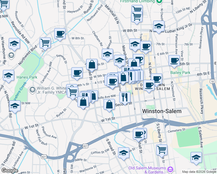 map of restaurants, bars, coffee shops, grocery stores, and more near 650 4th Street Northwest in Winston-Salem