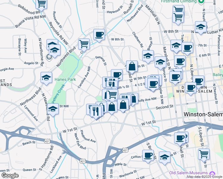 map of restaurants, bars, coffee shops, grocery stores, and more near 851 West 4th Street in Winston-Salem