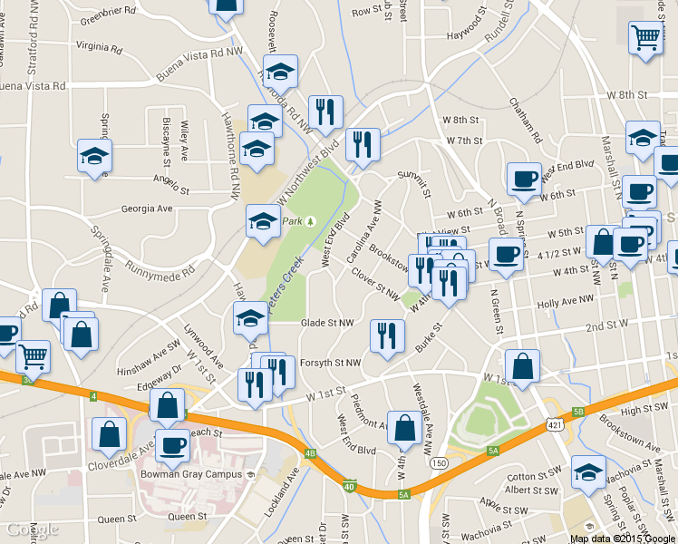 map of restaurants, bars, coffee shops, grocery stores, and more near 725 West End Boulevard in Winston-Salem