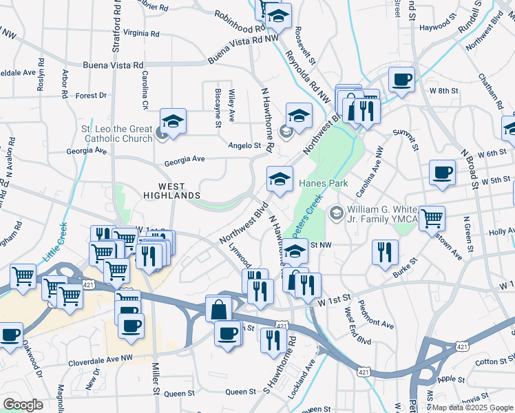 map of restaurants, bars, coffee shops, grocery stores, and more near 1515 West Northwest Boulevard in Winston-Salem