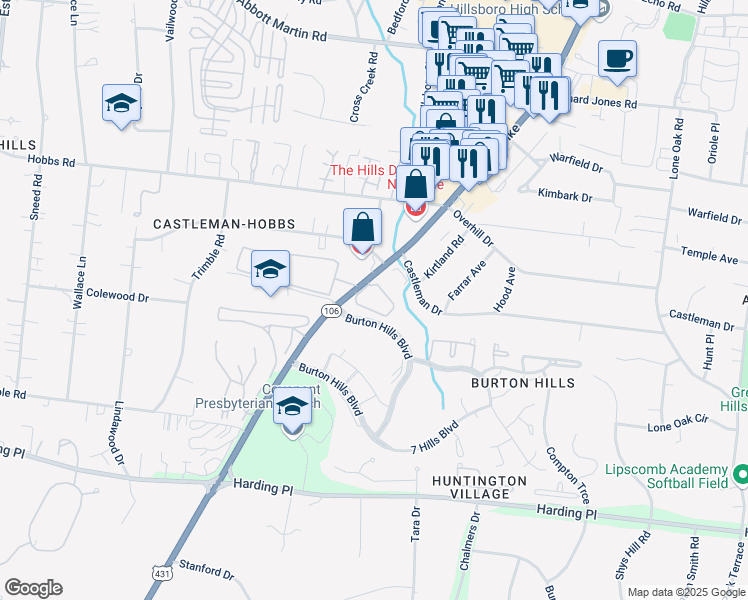 map of restaurants, bars, coffee shops, grocery stores, and more near 5000 Hillsboro Pike in Nashville