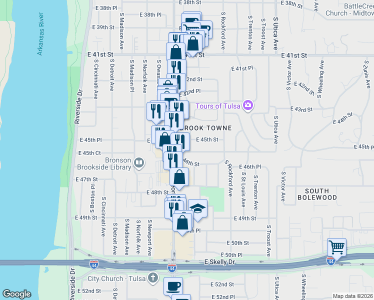 map of restaurants, bars, coffee shops, grocery stores, and more near 1328 East 45th Place in Tulsa