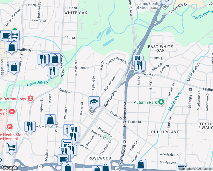 map of restaurants, bars, coffee shops, grocery stores, and more near 1523 Andover Avenue in Greensboro