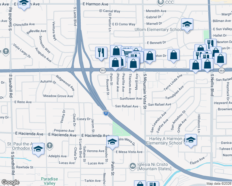 map of restaurants, bars, coffee shops, grocery stores, and more near 5039 Philmar Avenue in Las Vegas