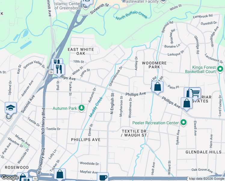 map of restaurants, bars, coffee shops, grocery stores, and more near Phillips Ave & N English St in Greensboro