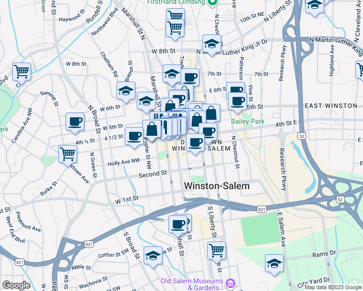 map of restaurants, bars, coffee shops, grocery stores, and more near 300 North Cherry Street in Winston-Salem