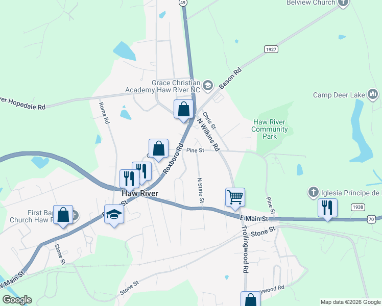 map of restaurants, bars, coffee shops, grocery stores, and more near 809 Pine Street in Haw River