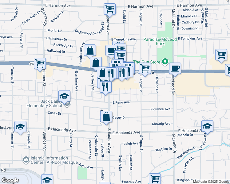 map of restaurants, bars, coffee shops, grocery stores, and more near 2414 Paradise Village Way in Las Vegas