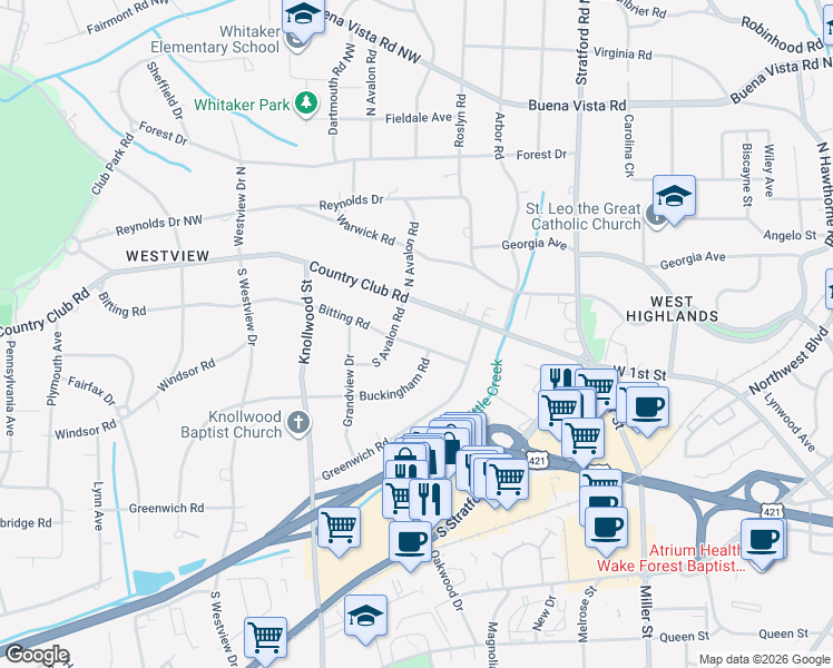map of restaurants, bars, coffee shops, grocery stores, and more near 2409 Bitting Road in Winston-Salem
