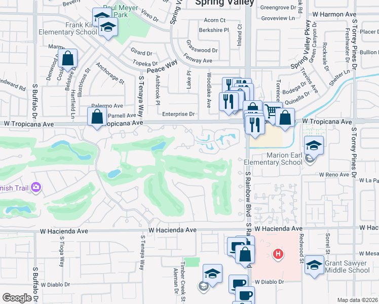 map of restaurants, bars, coffee shops, grocery stores, and more near 7151 Mission Hills Drive in Las Vegas