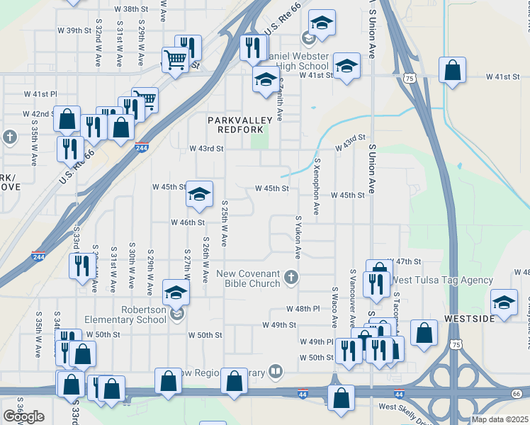 map of restaurants, bars, coffee shops, grocery stores, and more near 4530 South 23rd West Avenue in Tulsa