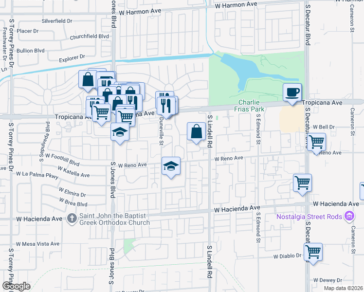 map of restaurants, bars, coffee shops, grocery stores, and more near 5711 West Tropicana Avenue in Las Vegas