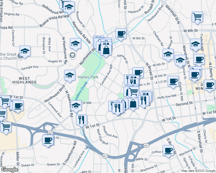 map of restaurants, bars, coffee shops, grocery stores, and more near 1301 Clover Street Northwest in Winston-Salem