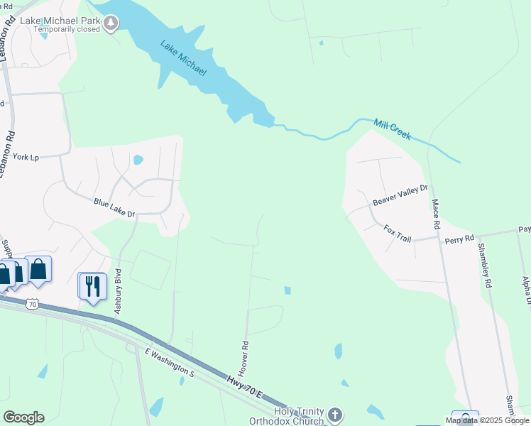 map of restaurants, bars, coffee shops, grocery stores, and more near 530 Hoover Road in Mebane