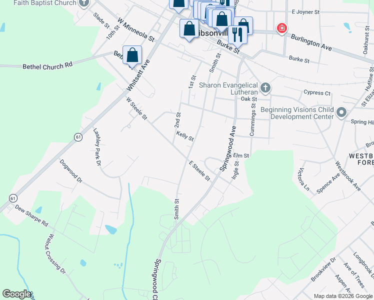 map of restaurants, bars, coffee shops, grocery stores, and more near 727 Smith Street in Gibsonville