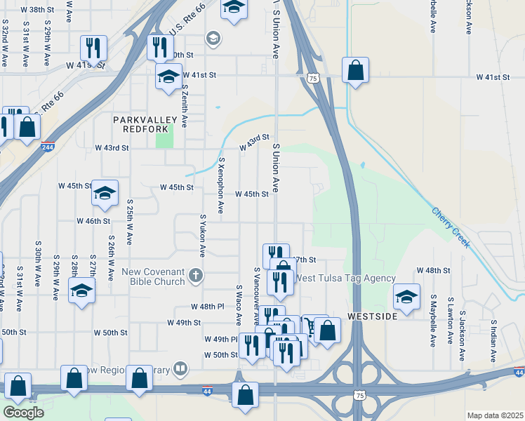 map of restaurants, bars, coffee shops, grocery stores, and more near 4532 South Union Avenue in Tulsa