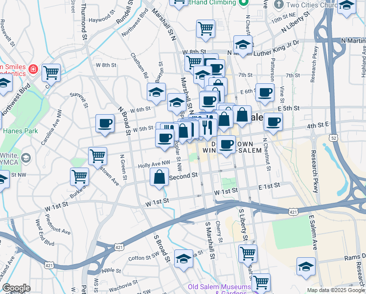 map of restaurants, bars, coffee shops, grocery stores, and more near 500 West 4th Street in Winston-Salem