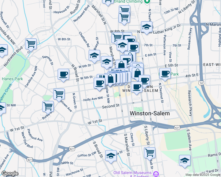map of restaurants, bars, coffee shops, grocery stores, and more near 500 West 4th Street in Winston-Salem