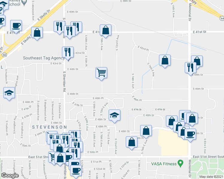 map of restaurants, bars, coffee shops, grocery stores, and more near 4460 South 70th East Avenue in Tulsa