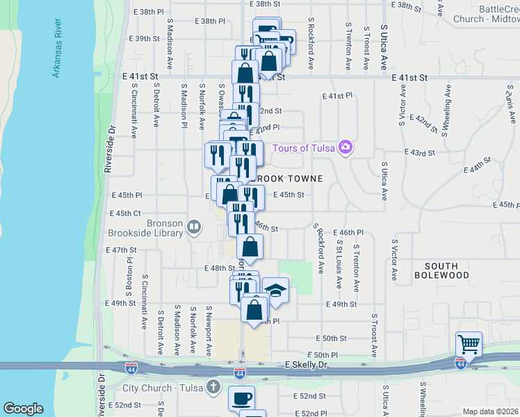 map of restaurants, bars, coffee shops, grocery stores, and more near 1328 East 45th Place in Tulsa