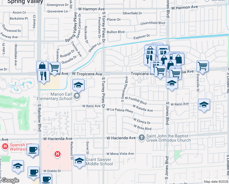 map of restaurants, bars, coffee shops, grocery stores, and more near 5030 Salinaz Circle in Las Vegas