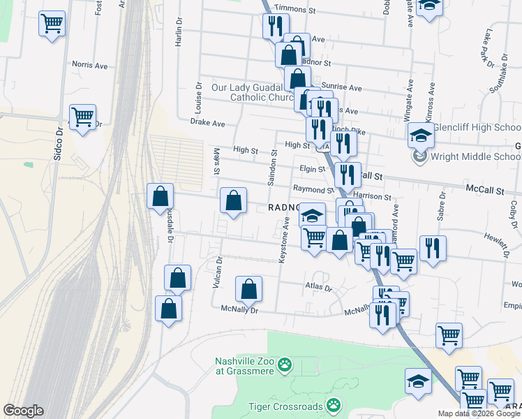 map of restaurants, bars, coffee shops, grocery stores, and more near 511 Veritas Street in Nashville