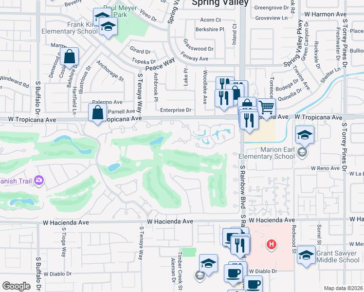 map of restaurants, bars, coffee shops, grocery stores, and more near 7151 Mission Hills Drive in Las Vegas