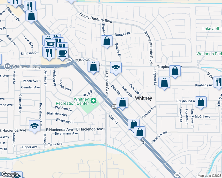 map of restaurants, bars, coffee shops, grocery stores, and more near 5050 Missouri Avenue in Las Vegas