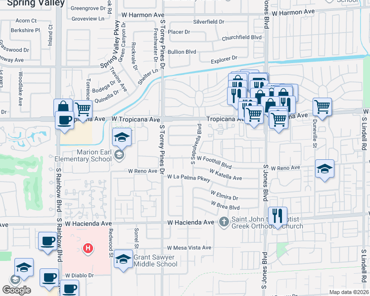 map of restaurants, bars, coffee shops, grocery stores, and more near 6411 Aclare Avenue in Las Vegas