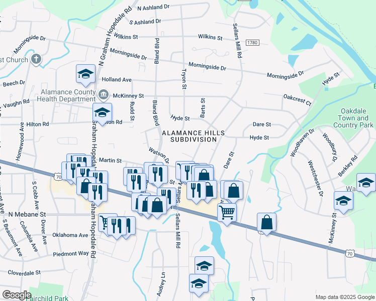 map of restaurants, bars, coffee shops, grocery stores, and more near 2132 Joyce Court in Burlington