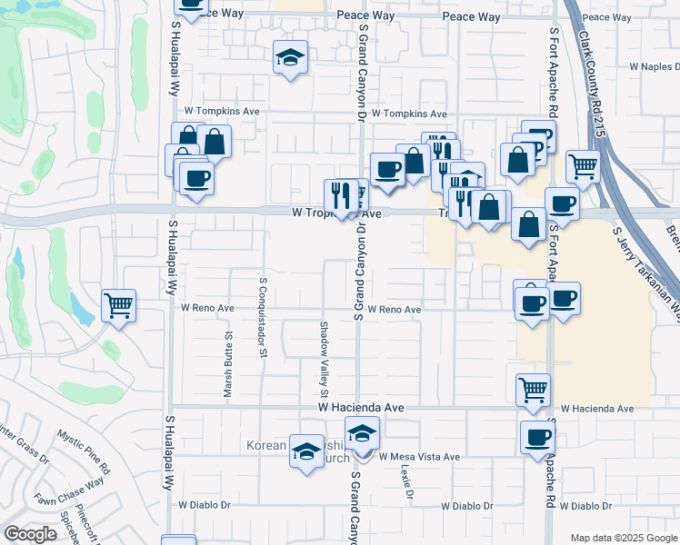 map of restaurants, bars, coffee shops, grocery stores, and more near 5040 Shadow Valley Street in Las Vegas