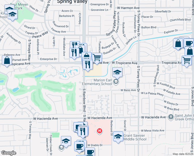 map of restaurants, bars, coffee shops, grocery stores, and more near 5016 South Rainbow Boulevard in Las Vegas