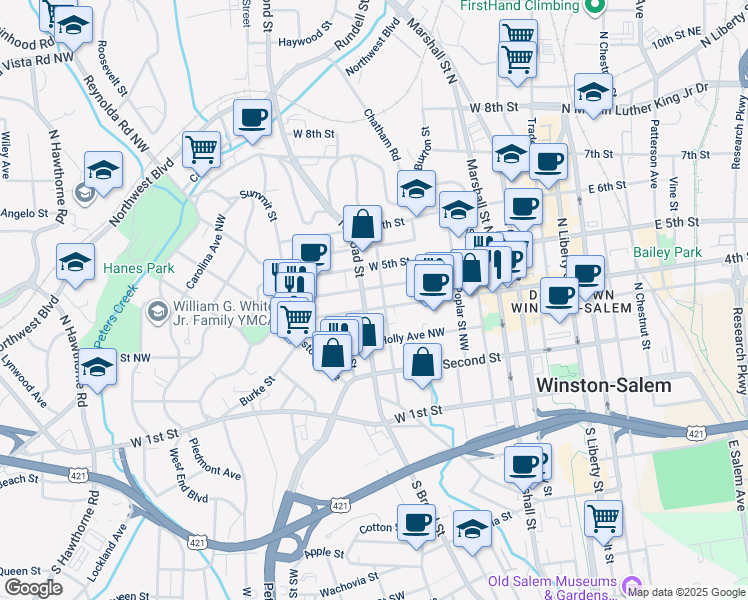 map of restaurants, bars, coffee shops, grocery stores, and more near 328 North Spring Street in Winston-Salem