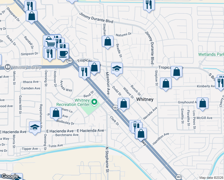 map of restaurants, bars, coffee shops, grocery stores, and more near 5050 Missouri Avenue in Las Vegas
