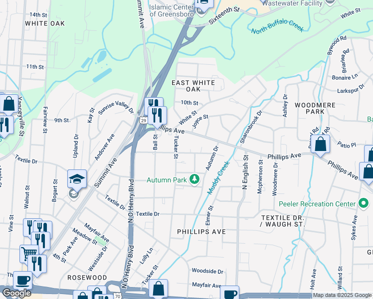 map of restaurants, bars, coffee shops, grocery stores, and more near 1601 Joyce Street in Greensboro