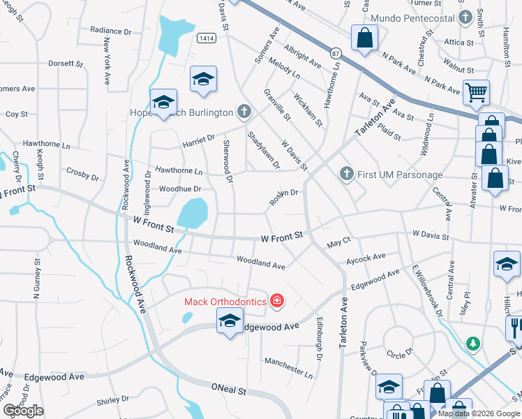map of restaurants, bars, coffee shops, grocery stores, and more near 1400 Roslyn Drive in Burlington
