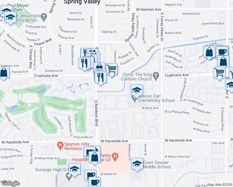 map of restaurants, bars, coffee shops, grocery stores, and more near 5022 South Rainbow Boulevard in Las Vegas