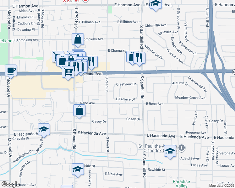 map of restaurants, bars, coffee shops, grocery stores, and more near 5039 Mesa View Drive in Las Vegas