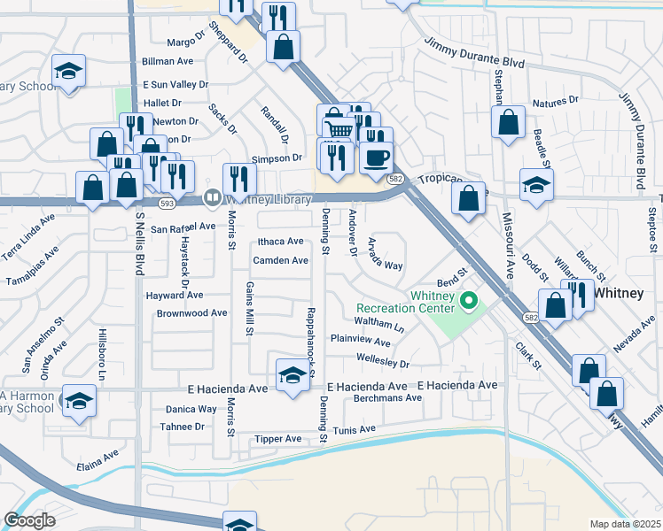 map of restaurants, bars, coffee shops, grocery stores, and more near 5030 Denning Street in Las Vegas