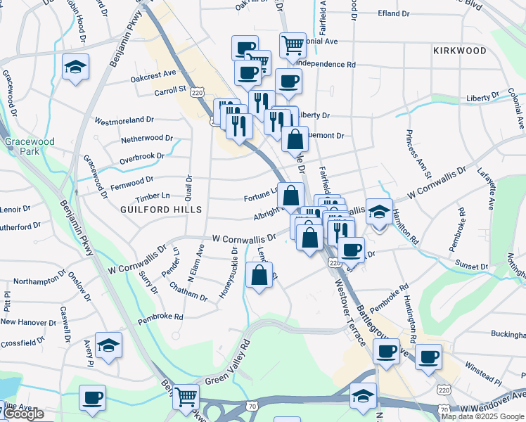 map of restaurants, bars, coffee shops, grocery stores, and more near 2314 Albright Drive in Greensboro