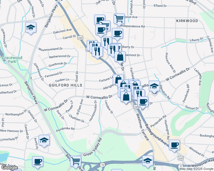 map of restaurants, bars, coffee shops, grocery stores, and more near 2318 Albright Drive in Greensboro