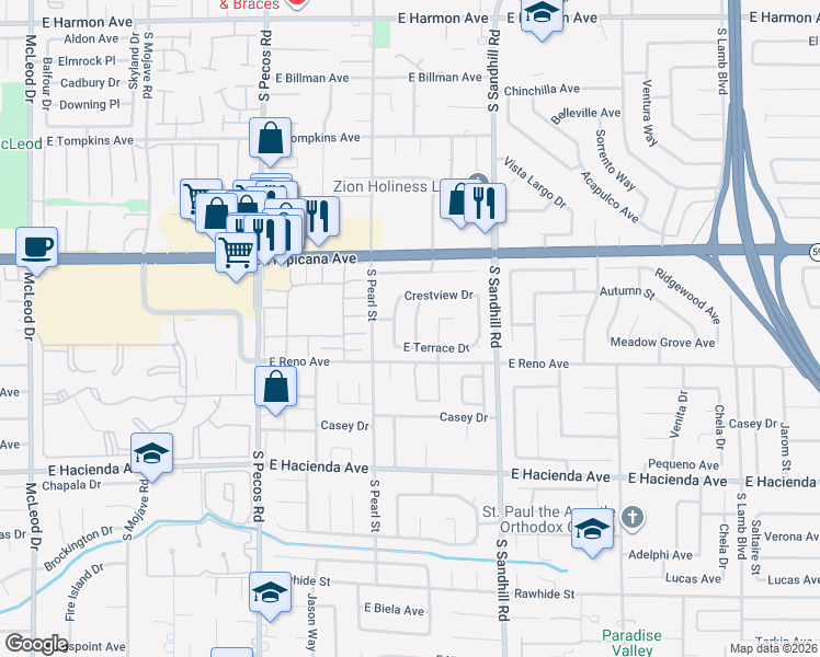 map of restaurants, bars, coffee shops, grocery stores, and more near 5039 Mesa View Drive in Las Vegas