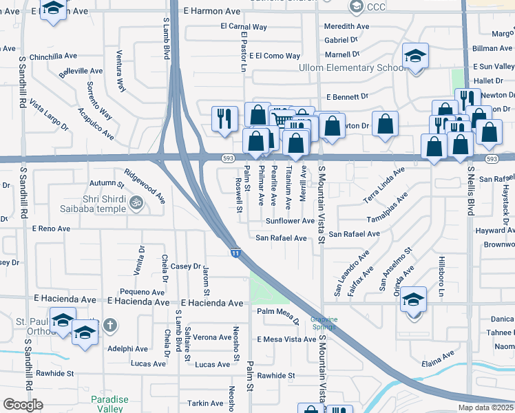 map of restaurants, bars, coffee shops, grocery stores, and more near 5039 Philmar Avenue in Las Vegas