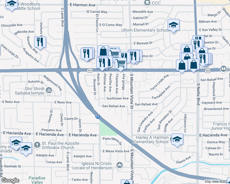 map of restaurants, bars, coffee shops, grocery stores, and more near 5039 Titanium Avenue in Las Vegas