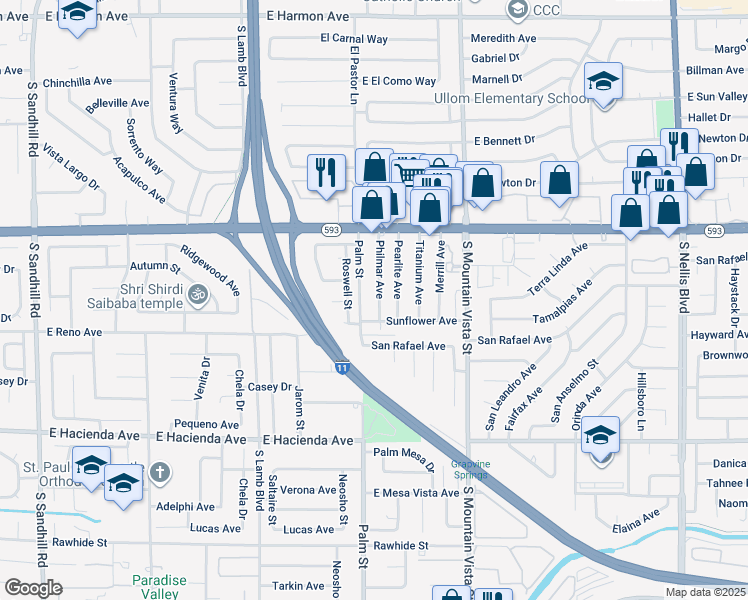 map of restaurants, bars, coffee shops, grocery stores, and more near 5039 Philmar Avenue in Las Vegas