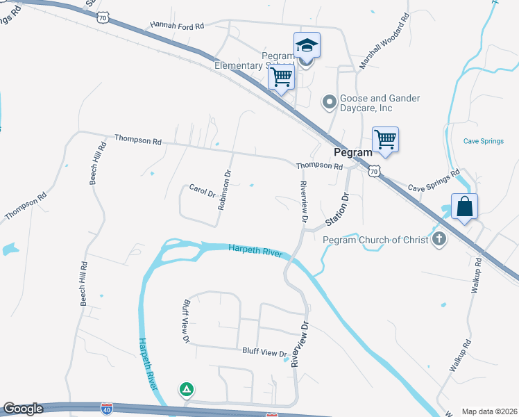 map of restaurants, bars, coffee shops, grocery stores, and more near 5045 Riverview Dr in Pegram