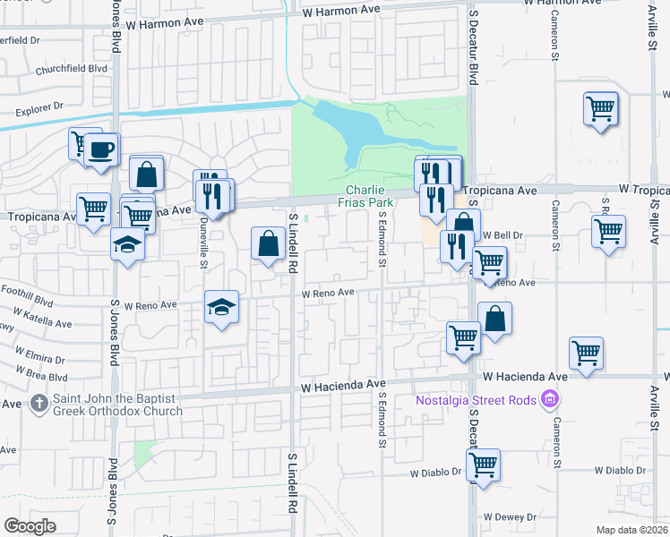 map of restaurants, bars, coffee shops, grocery stores, and more near 5419 West Tropicana Avenue in Las Vegas