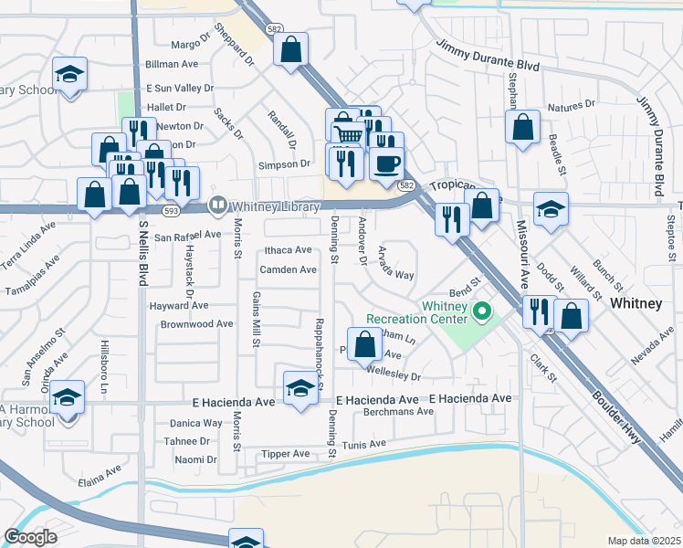 map of restaurants, bars, coffee shops, grocery stores, and more near 5030 Denning Street in Las Vegas