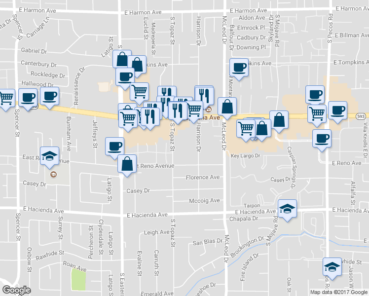map of restaurants, bars, coffee shops, grocery stores, and more near 5045 Harrison Drive in Las Vegas